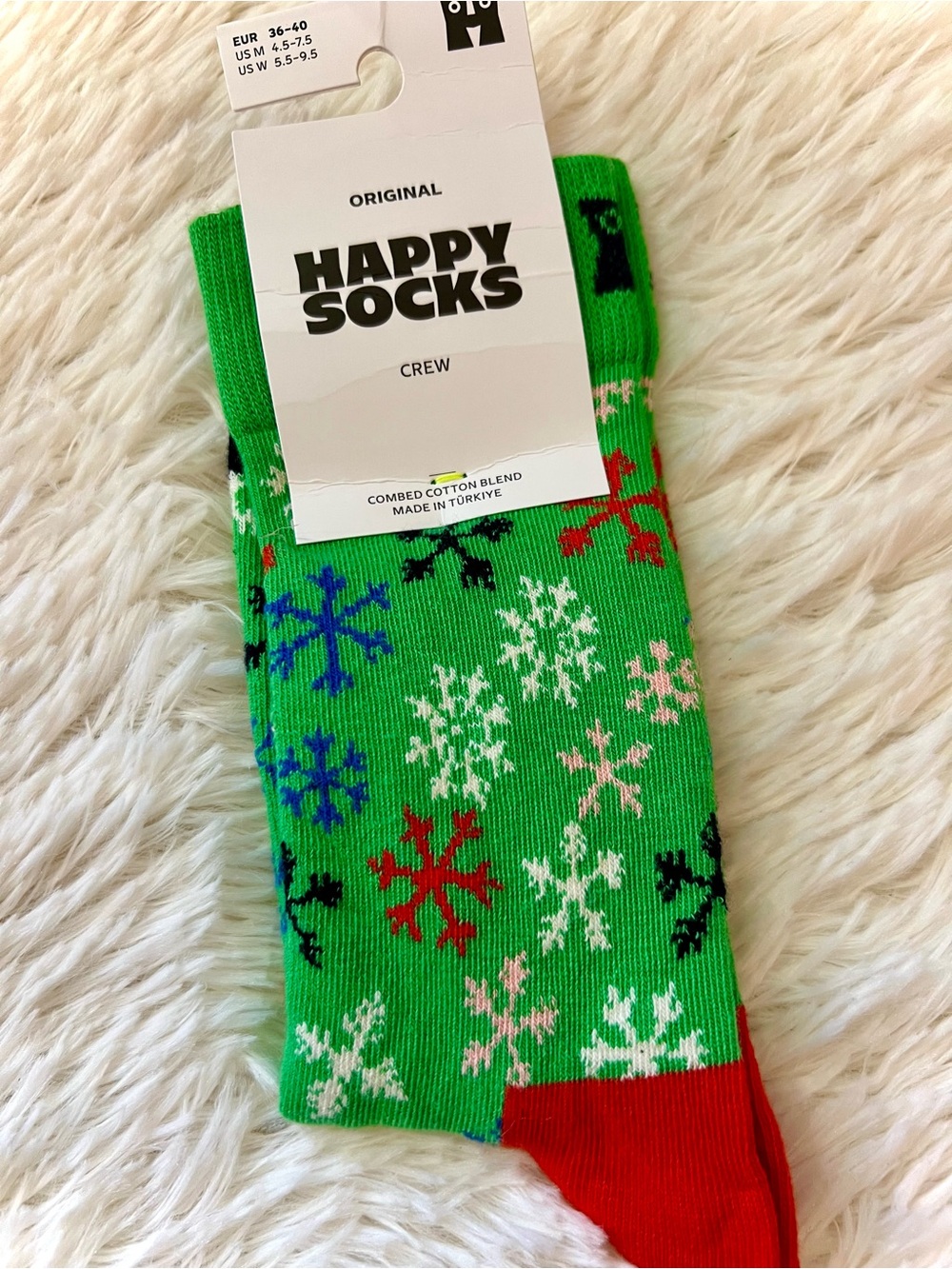 Happy Socks Green Snowflake Crew Socks Winter Christmas Holiday Fun